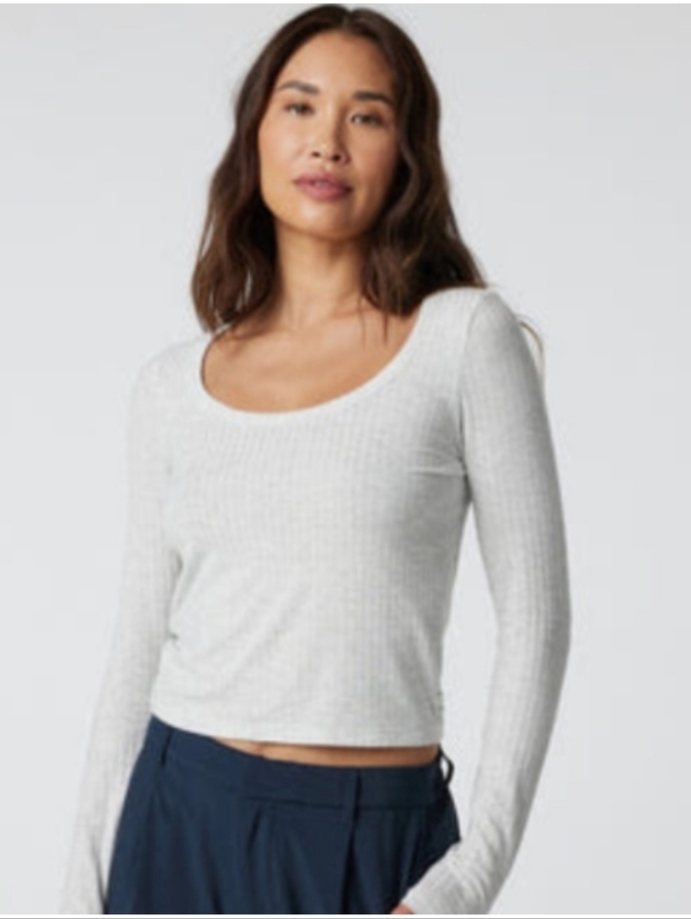 Vuori Light Gray Ribbed Scoop-Neck Long Sleeve Top